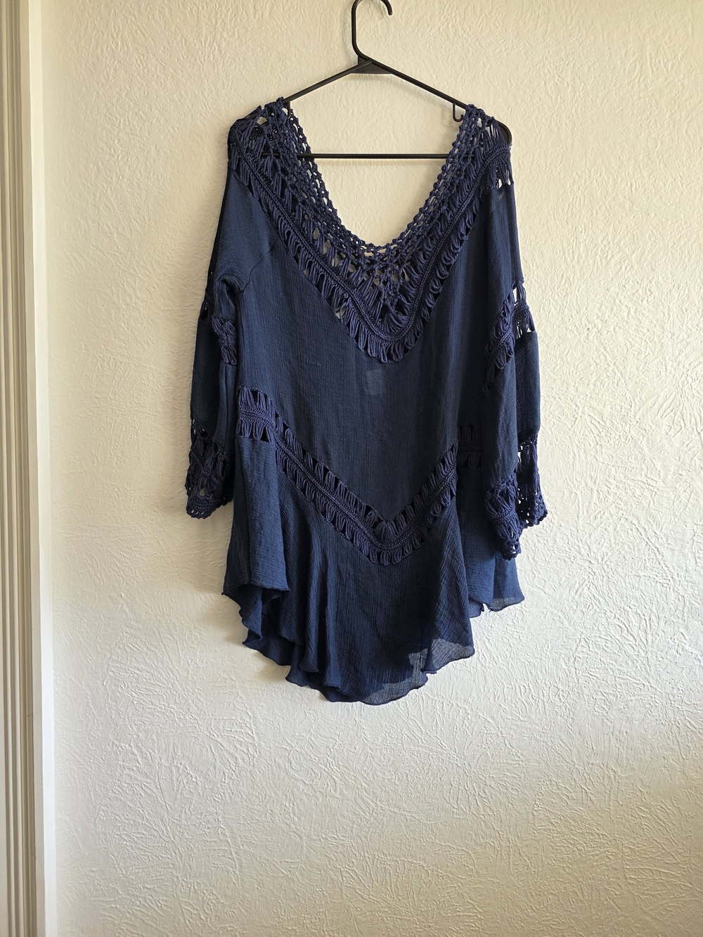 Western Boho Women's Navy Crochet-Trim Tunic Top